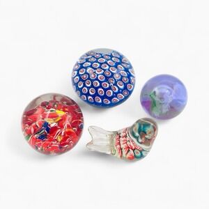 Lot of (4) Art Glass Hand Blown Murano Millefiori Paperweight Orb Bird